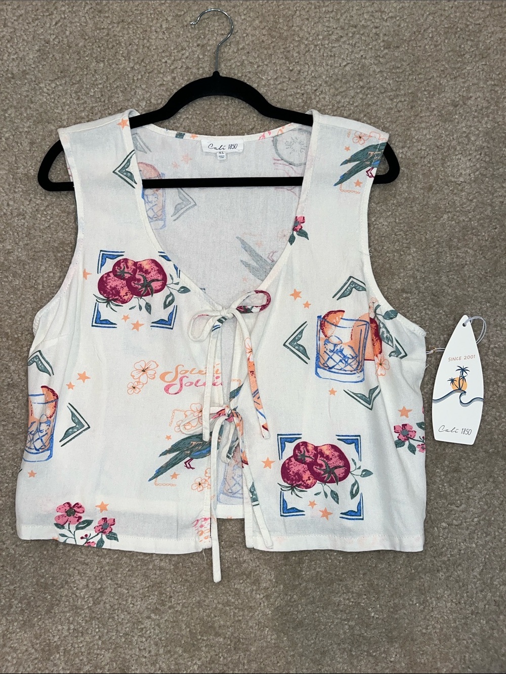 Cali 1950 Cream Floral Tie-Front Vest Linen Blend XL Summer Travel